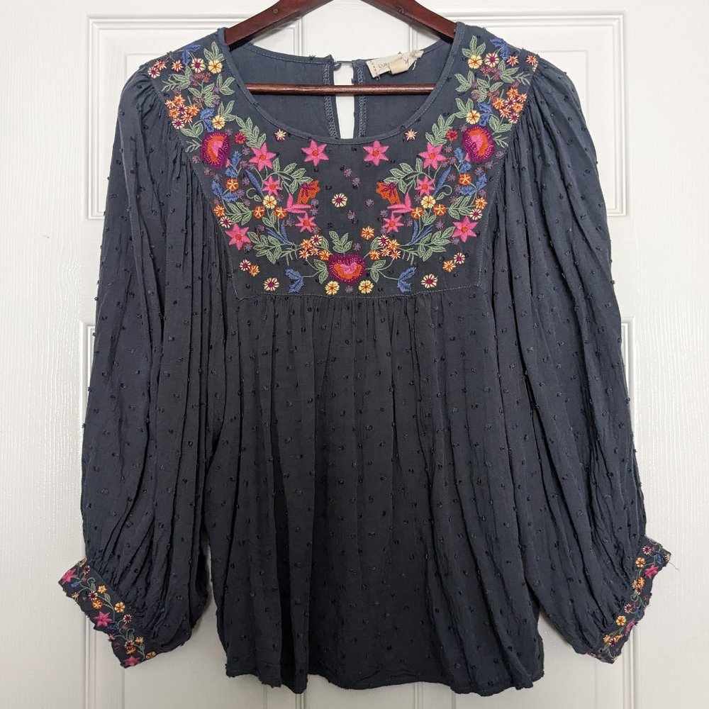 Luna Moon Boho Flowy Gray Embroidered Blouse